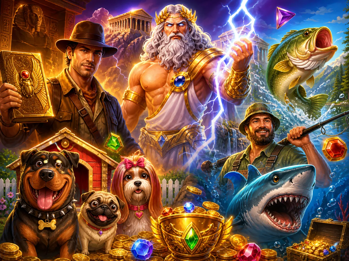 Illustration of mythological figures and fantastical creatures in a vibrant, cinematic slot game setting.
