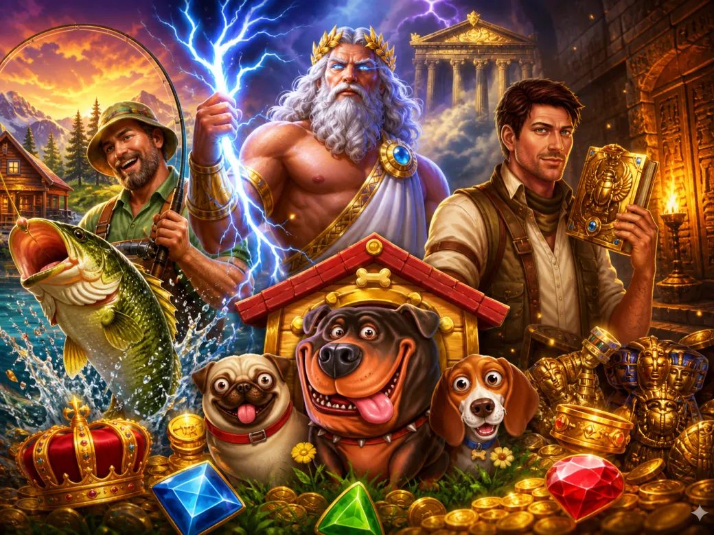 Dynamic slot game artwork featuring mythological creatures, treasures, and vibrant fantasy landscapes.